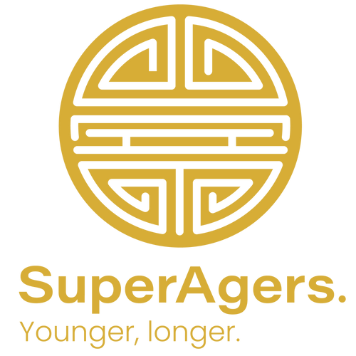 Logo in gold, SuperAgers. Younger, longer